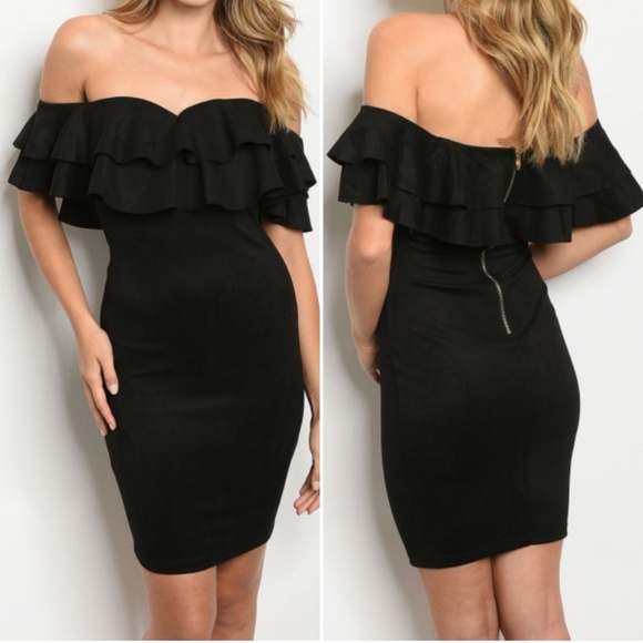 #58 RED FAUX SUEDE OFF SHOULDER DRESS - Picture 4 of 9